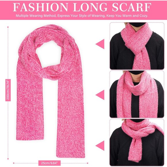 Women's Pink Red Warm Knit Beanie Hat Touchscreen Gloves Long Neck Scarf Set - Picture 5 of 6